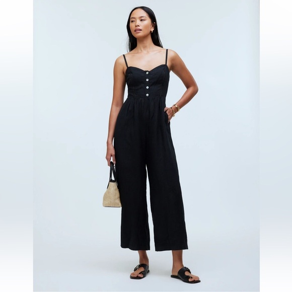 Madewell Sleeveless Wide-Leg Jumpsuit in 100% Linen size 0 $148 pockets NP077 - Picture 1 of 14